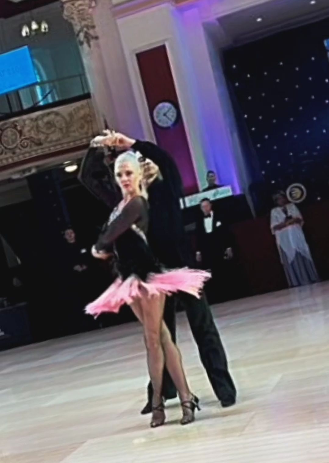 Tatiana Vaccaro Blackpool Dance Festival black and pink feather dress